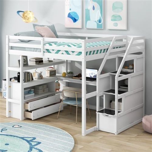 Full Size Loft Bed with Desk and Shelves, Two Built-in Drawers, Storage Staircase, White Full Size Loft Bed with Desk and Shelves, Two Built-in Drawers, Storage Staircase, White