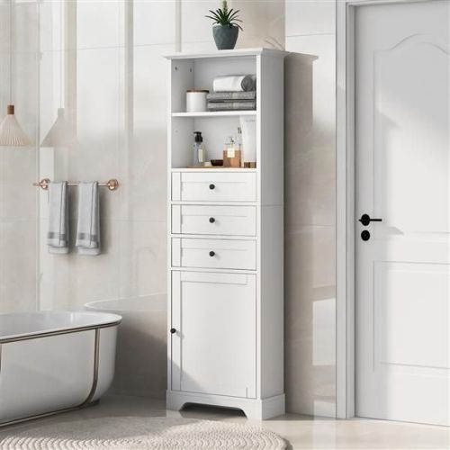 White Tall Storage Cabinet with 3 Drawers and Adjustable Shelves for Bathroom, Kitchen and Living Room, MDF Board with Painted Finish White Tall Storage Cabinet with 3 Drawers and Adjustable Shelves for Bathroom, Kitchen and Living Room, MDF Board with Painted Finish