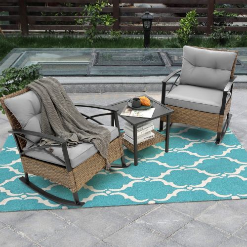 3pcs Rattan Rocking Chair Set Outdoor Leisure Grey 3pcs Rattan Rocking Chair Set Outdoor Leisure Grey
